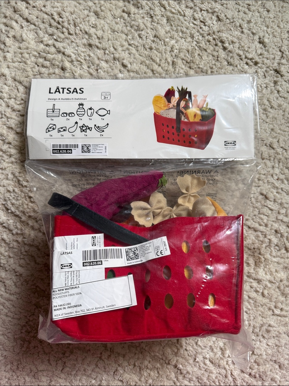 IKEA LÅTSAS Red Play Shopping Basket with Pretend Food